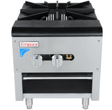 A stainless steel countertop stock pot range gas burner with two control knobs, black cast iron grate on top, Empura branding, and blue on/off label. The unit stands on four metal legs and features a small shelf beneath the knobs.