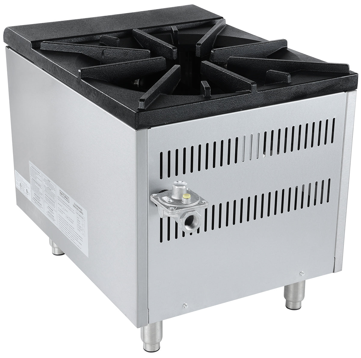A single-burner commercial stock pot range with a black cast iron grate, stainless steel body, four short metal legs, ventilation slots, and a front control knob. This natural gas model suits countertop installation and features manufacturer labels on the side.