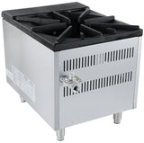 A single-burner commercial stock pot range with a black cast iron grate, stainless steel body, four short metal legs, ventilation slots, and a front control knob. This natural gas model suits countertop installation and features manufacturer labels on the side.