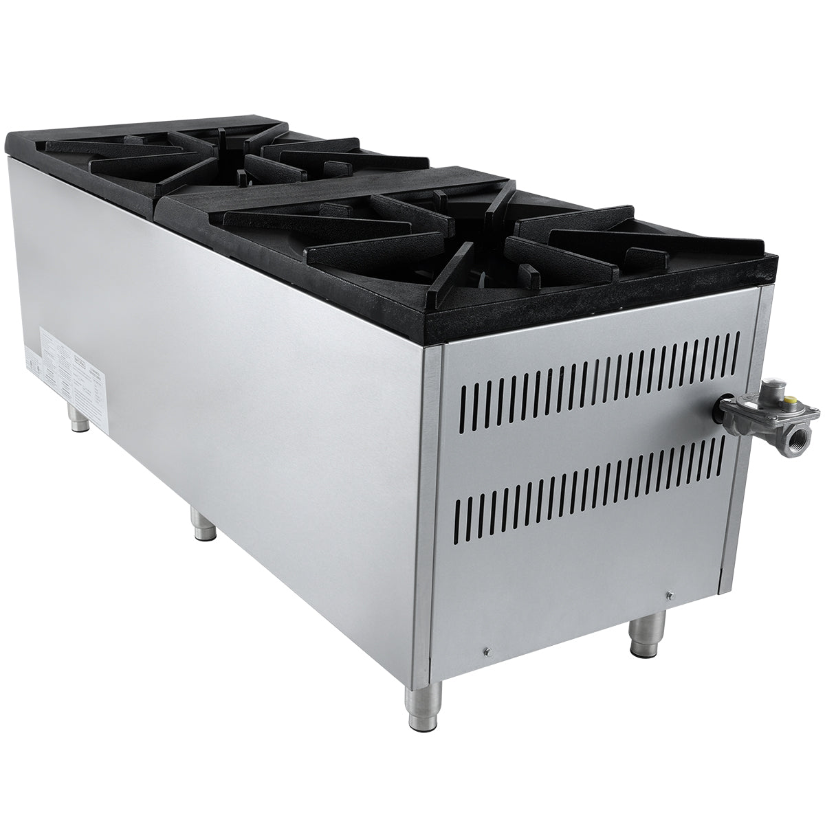 A stainless steel commercial stock pot range designed for countertop installation, featuring two large black cast-iron burners. The unit has ventilation slots on the side, control knobs on the front, and stands on four sturdy metal legs. Powered by natural gas.