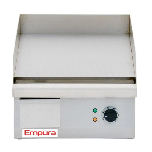 This Empura electric countertop griddle features a flat griddle surface, splash guard, temperature control knob, indicator lights, and a grease tray—all in durable stainless steel. The brand name is displayed in red on the front.