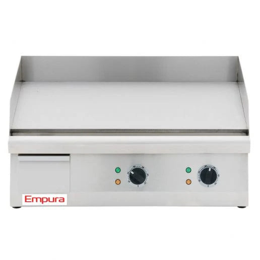 A clean Empura griddle built from stainless steel features raised sides and back, two control knobs, indicator lights, and a left-side drawer—ideal as an electric countertop griddle for any commercial kitchen.