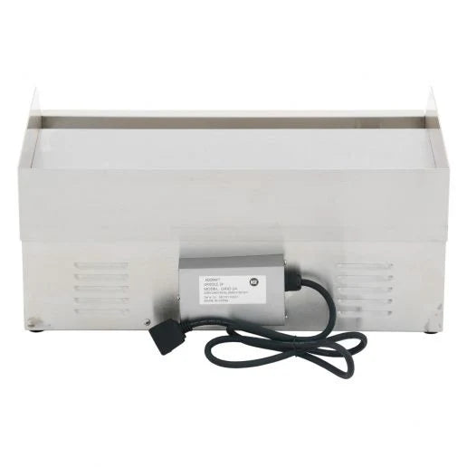 A rectangular stainless steel griddle with raised sides, a detachable black power cord, and a label on the back. This Empura griddle is designed for warming or serving food, featuring a reflective surface and smooth edges for easy use.