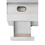 A close-up of an Empura E-GRID-24 stainless steel griddle shows a metallic device with a rectangular pull-out drawer partially open at the bottom. Above the drawer is an oval-shaped recessed handle, set in a smooth, brushed metal finish.