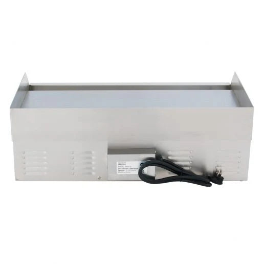 A rectangular stainless steel griddle warming tray with raised edges features ventilation slots, a power switch, temperature control knob, and a black power cord. This smooth, reflective commercial griddle is perfect for any countertop.