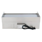 A rectangular stainless steel griddle warming tray with raised edges features ventilation slots, a power switch, temperature control knob, and a black power cord. This smooth, reflective commercial griddle is perfect for any countertop.