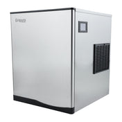 Stainless steel Empura E-MCF500 commercial ice machine front and side view with black trim