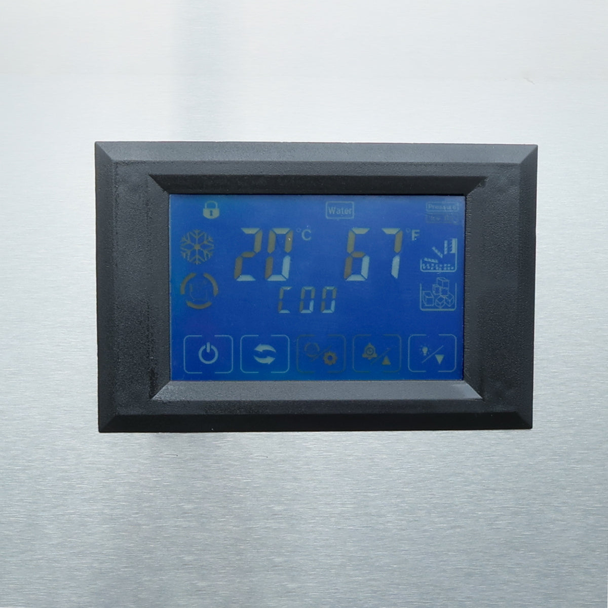 LCD control display of the Empura E-MCH350 modular ice machine showing operational and temperature readings