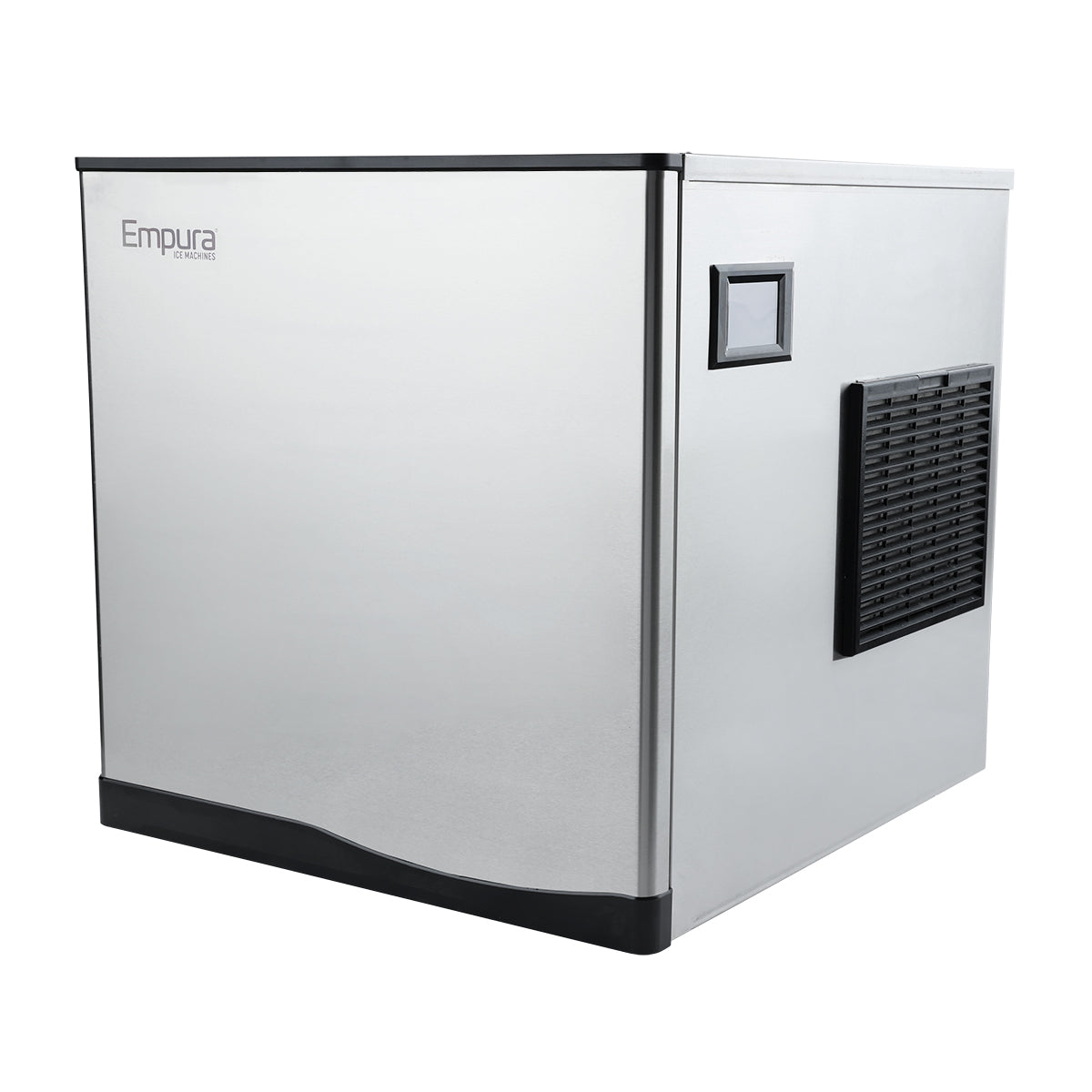 Stainless steel Empura E-MCH350 ice machine shown from front-side angle with brand logo and vent
