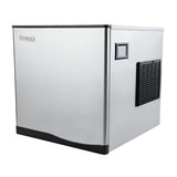 Stainless steel Empura E-MCH350 ice machine shown from front-side angle with brand logo and vent