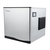 Stainless steel Empura E-MCH350 ice machine shown from front-side angle with brand logo and vent