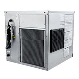 Side and rear view of the Empura E-MCH350 showing condenser vent, power cord, and water outlet for restaurant use