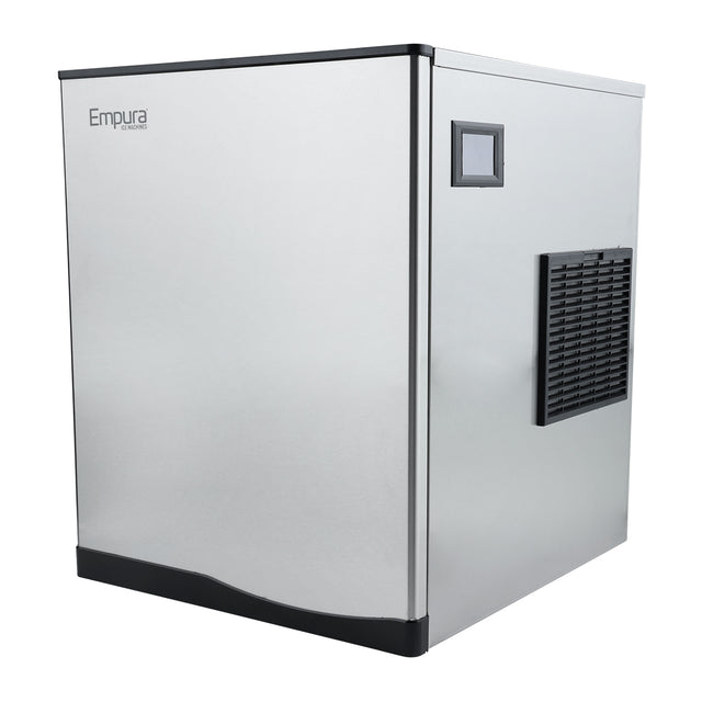 Angled front-side view of the Empura E-MCH500 half cube ice machine in stainless steel with air vents