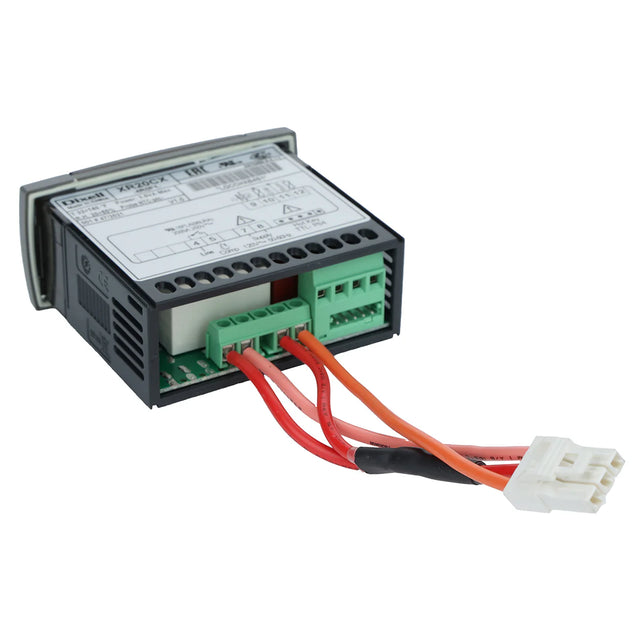 A digital electronic controller for Empura refrigeration features a black and gray rectangular casing, labeled panel, green and white terminal connectors, and red and orange wires extending to a white plastic plug on a white background.
