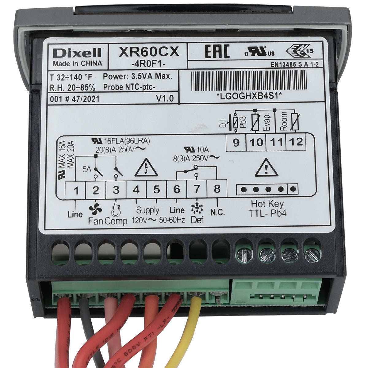 A close-up of a Dixell XR60CX electronic temperature controller for Empura Refrigeration. The front panel displays model info, technical specs, a wiring diagram, button symbols, and LEDs. Colored wires connect to green terminal blocks below.