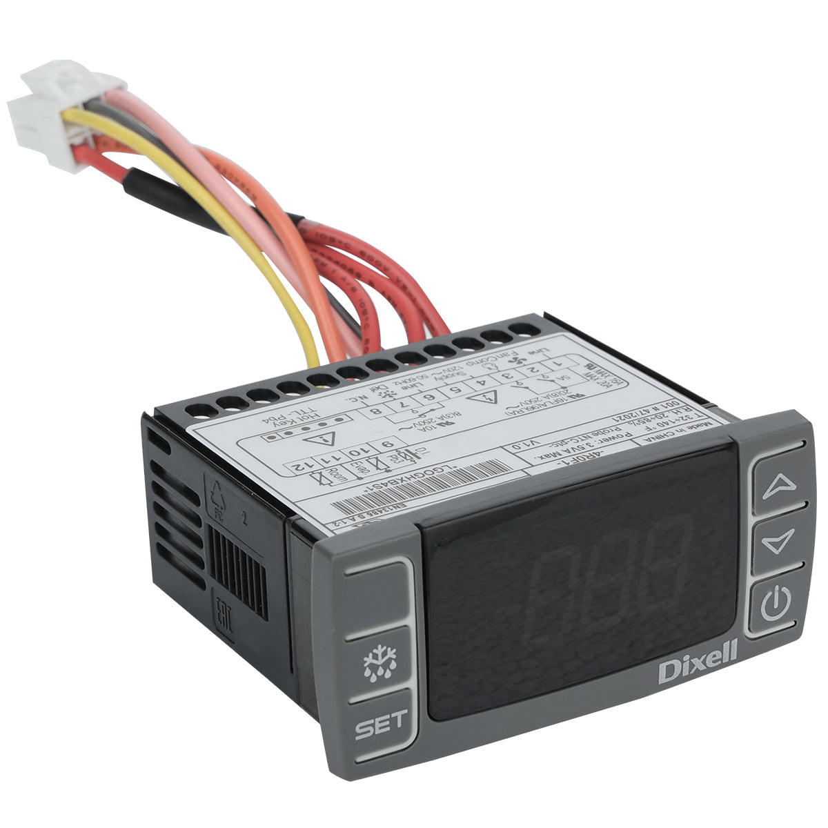 A digital temperature controller (Dixell brand) for Empura Refrigeration, featuring a black display screen, gray control buttons on both sides, and attached red, yellow, orange, and black wires. The top label shows technical specs and wiring diagrams.