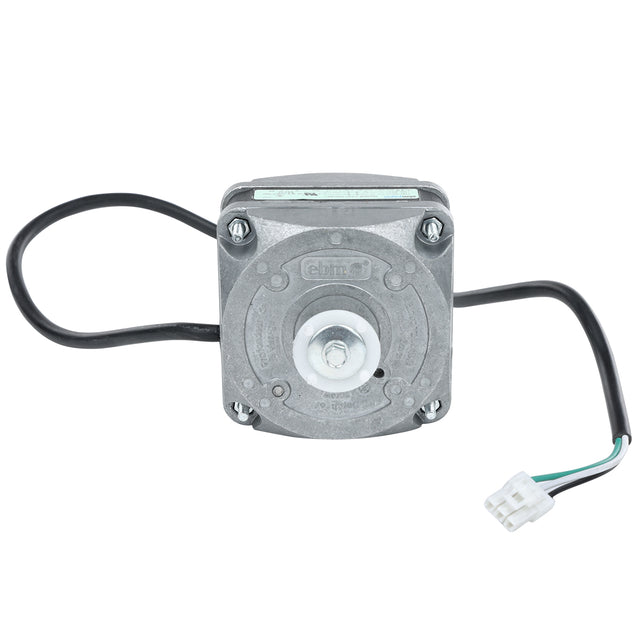 A close-up of a small electric motor with a metal housing, four mounting screws, and an attached black electrical wire ending in a white plastic connector—an Empura Refrigeration condenser fan motor by ebm papst is embossed on the front.