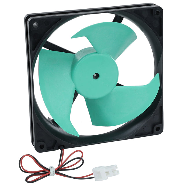 A square black Empura Parts computer cooling fan features three large teal blades and a white connector plug with red and black wires coiled beside it. The Circle Fan is displayed against a plain white background.