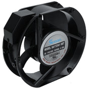 A close-up of a black Seada industrial cooling fan, model SA17254 HBT, often used in Empura Refrigeration as a Condenser Fan Motor. It features a round frame, protective casing, central label with specs, and mounting holes on the rim.