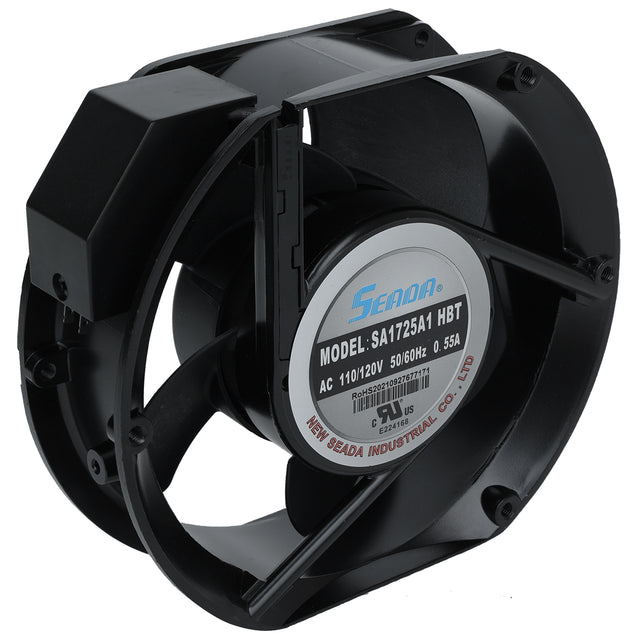 A close-up of a black Seada industrial cooling fan, model SA17254 HBT, often used in Empura Refrigeration as a Condenser Fan Motor. It features a round frame, protective casing, central label with specs, and mounting holes on the rim.