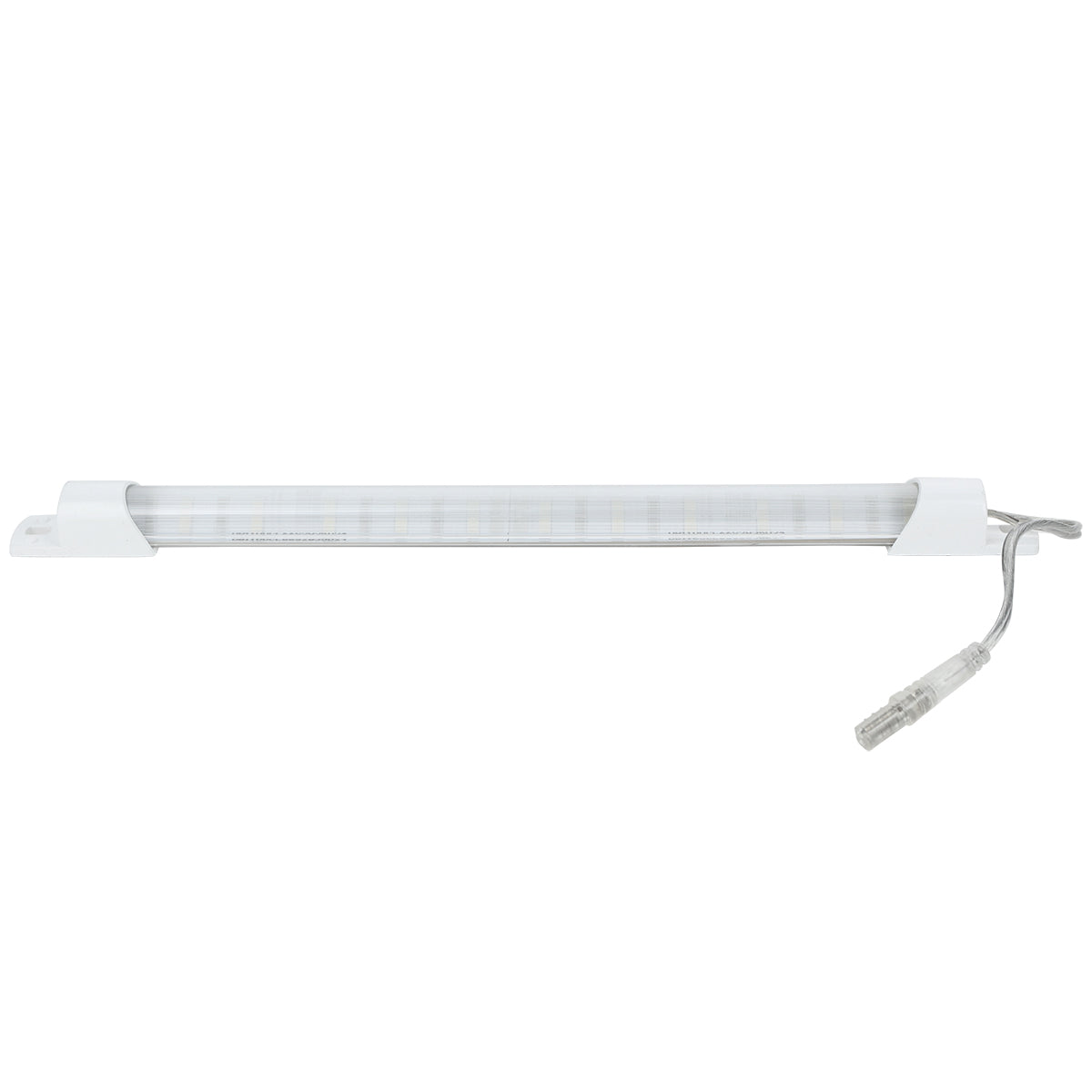A slim, white LED light bar with a translucent cover is shown, ideal for Empura Refrigeration. It is mounted on two white brackets at each end, and a clear power cable with connector extends from the right side. The background is plain white.