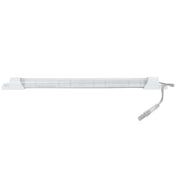 A slim, white LED light bar with a translucent cover is shown, ideal for Empura Refrigeration. It is mounted on two white brackets at each end, and a clear power cable with connector extends from the right side. The background is plain white.