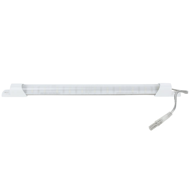 A slim, white LED light bar with a translucent cover is shown, ideal for Empura Refrigeration. It is mounted on two white brackets at each end, and a clear power cable with connector extends from the right side. The background is plain white.