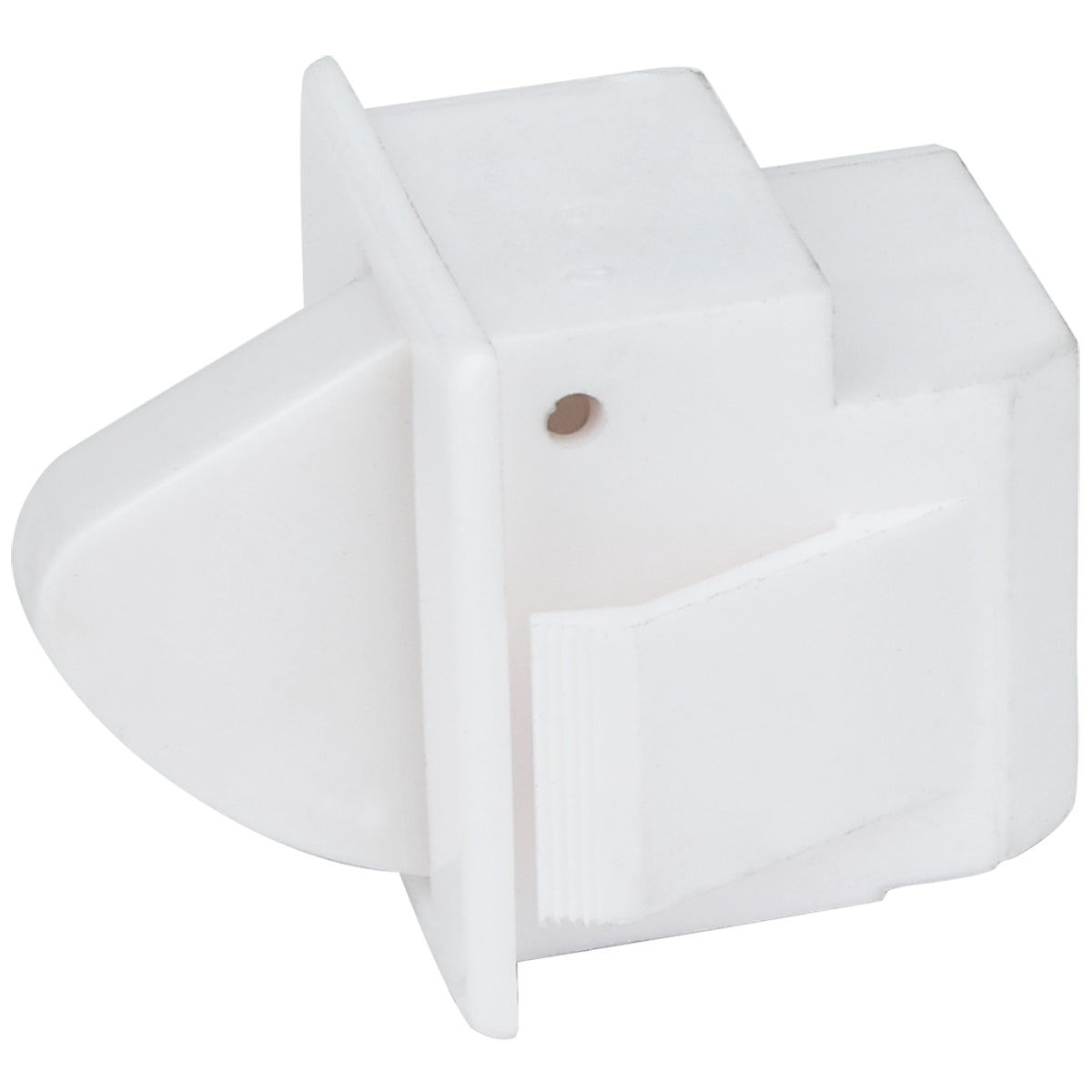 A white, plastic, rectangular cabinet latch with a protruding rounded tab and mounting plate, designed for childproofing cabinets or drawers. Compatible with Empura Refrigeration units and similar to the Empura Door Switch 104090013 for securing doors.