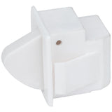 A white, plastic, rectangular cabinet latch with a protruding rounded tab and mounting plate, designed for childproofing cabinets or drawers. Compatible with Empura Refrigeration units and similar to the Empura Door Switch 104090013 for securing doors.