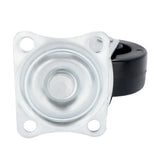 A single black and silver swivel caster wheel from Empura Parts with a metal mounting plate featuring four screw holes. The normal wheel is partially visible behind the shiny plate, which has a circular design and raised center.