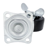Close-up of an Empura Parts brake wheel swivel caster with a metal mounting plate and locking mechanism labeled ON and OFF. The plate features four screw holes, and the black rubber wheel is partially visible behind the hardware.
