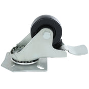 A close-up of a single Empura Refrigeration caster with brake, featuring a black rubber wheel, silver metal mounting plate, and metal brake lever attached to the side, shown on a white background.