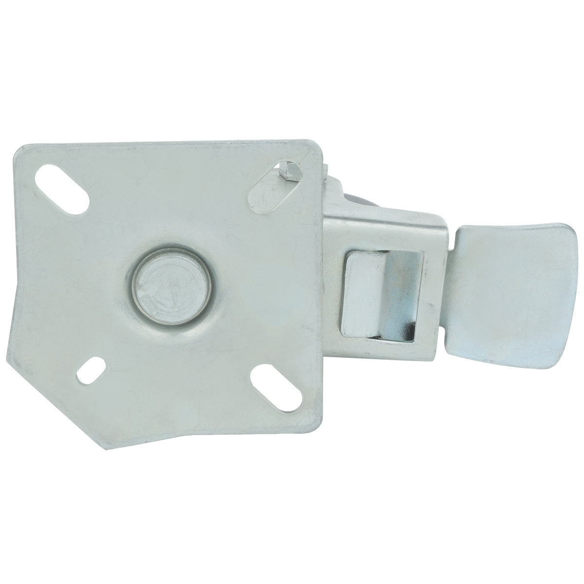 A close-up view of a metal latch mechanism from Empura Parts, featuring a matte, industrial finish. The flat rectangular base has three rounded mounting holes and a central circular indentation, with an attached lever and rectangular slot on the right side.