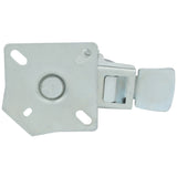 A close-up view of a metal latch mechanism from Empura Parts, featuring a matte, industrial finish. The flat rectangular base has three rounded mounting holes and a central circular indentation, with an attached lever and rectangular slot on the right side.