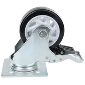 A close-up view of an Empura Parts metal caster with brake, featuring a white plastic center, black outer tire, and metal brake lever, mounted on a square metal plate with four screw holes.