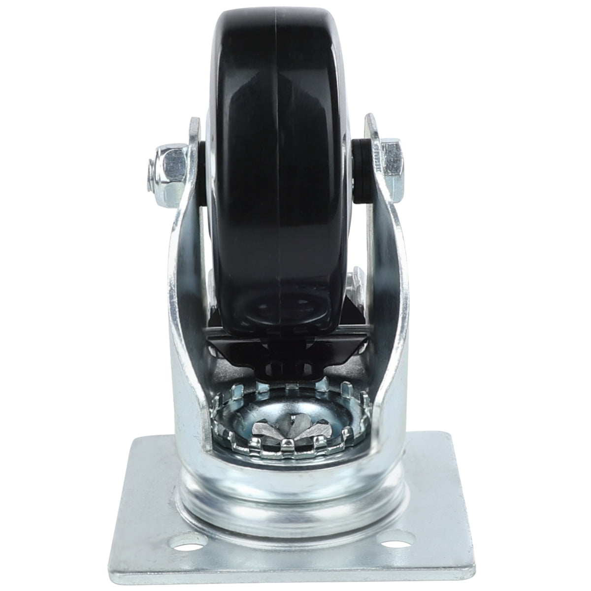 A front view of a single Empura Parts swivel caster with brake, featuring a black rubber wheel and shiny silver metal mounting plate with four holes for screws—ideal for attaching to furniture, equipment, or Empura Refrigeration units for easy movement.