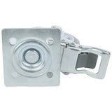 Close-up of an Empura Parts metal caster with brake and a mounting plate featuring four screw holes and a central circular indentation. The silver plate includes a lever labeled OFF to engage or release the locking mechanism.