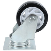 A close-up of a swivel caster without brake with a metal mounting plate. The wheel features a black rubber outer edge, white plastic spoke core, and shiny bracket—commonly used as an Empura Parts replacement for Empura Refrigeration equipment.