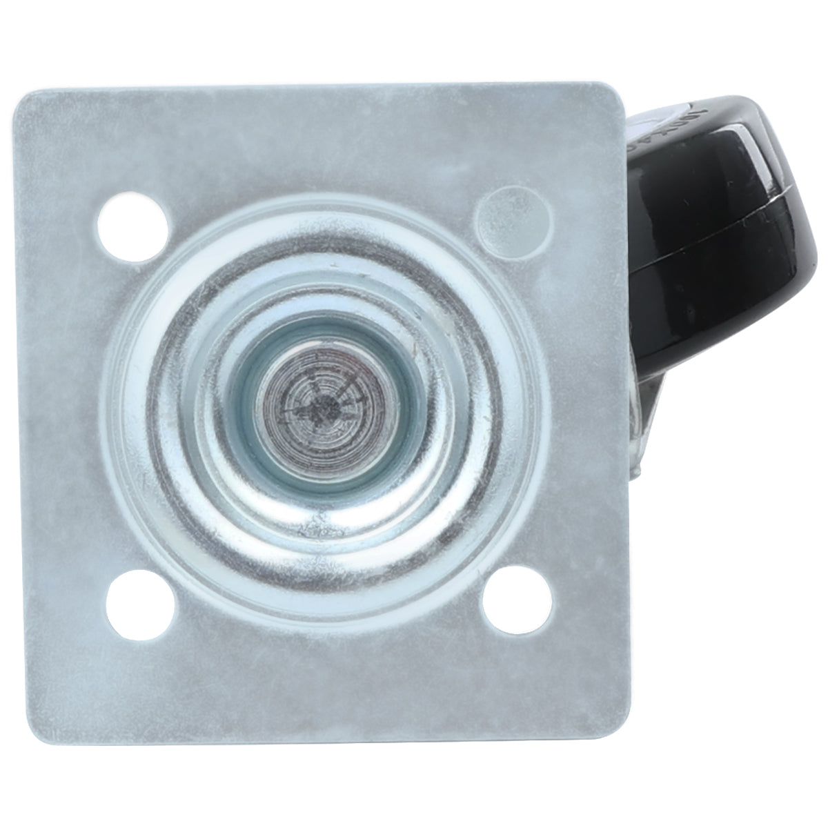 Close-up view of an Empura Parts metal caster without brake mounting plate. The square plate features four corner holes for screws and a central bearing. Part of the black caster wheel is visible on the right side, ideal for Empura Refrigeration units.