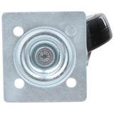 Close-up view of an Empura Parts metal caster without brake mounting plate. The square plate features four corner holes for screws and a central bearing. Part of the black caster wheel is visible on the right side, ideal for Empura Refrigeration units.