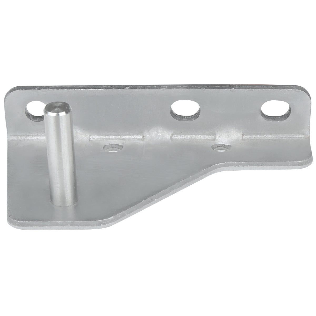 A silver metal door hinge bracket with three circular mounting holes, a raised vertical cylindrical peg on the left side, and an angular base. Compatible with Empura Refrigeration units, its ideal for supporting or mounting components.
