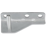 A silver metal door hinge bracket with three circular mounting holes, a raised vertical cylindrical peg on the left side, and an angular base. Compatible with Empura Refrigeration units, its ideal for supporting or mounting components.