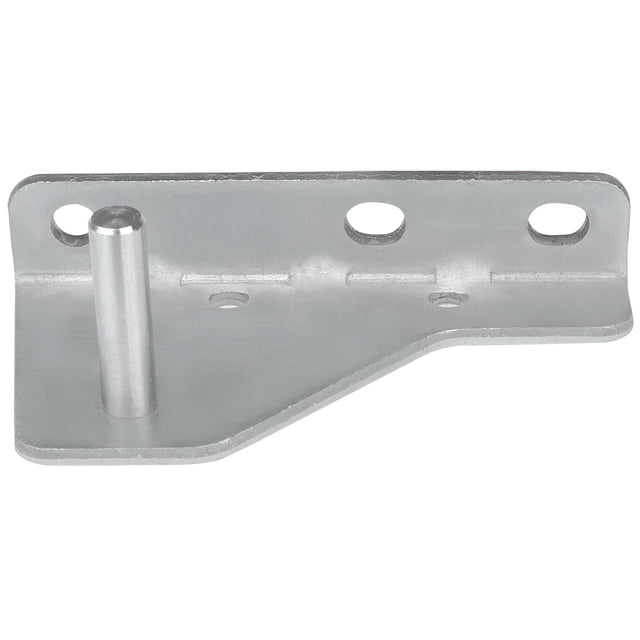 A silver metal door hinge bracket with three circular mounting holes, a raised vertical cylindrical peg on the left side, and an angular base. Compatible with Empura Refrigeration units, its ideal for supporting or mounting components.