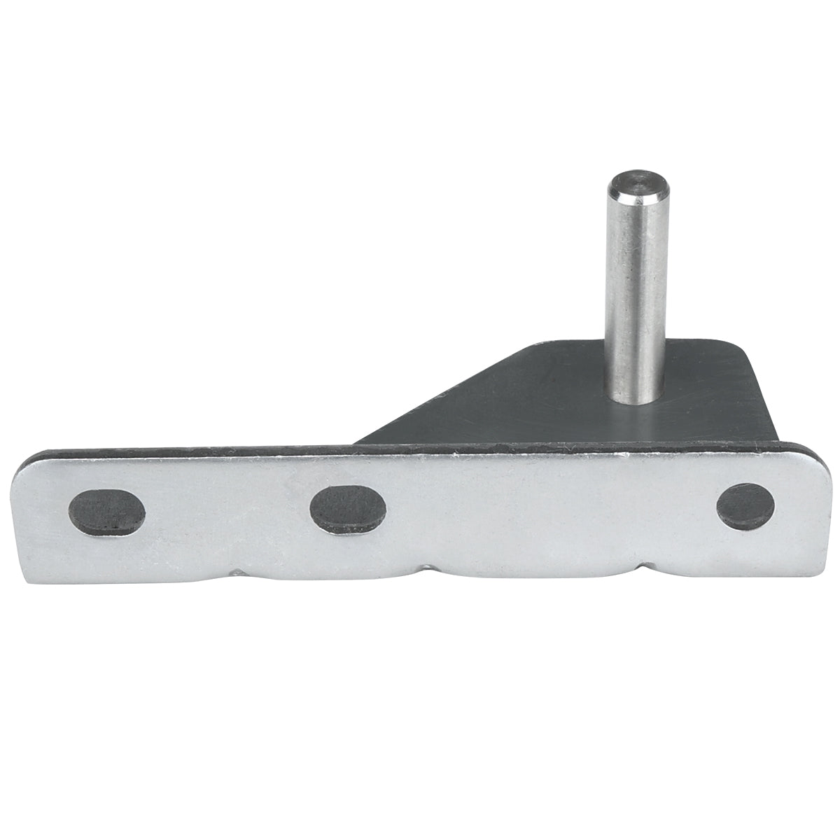A silver metal Door Hinge Bracket with three circular holes along a flat edge and a perpendicular cylindrical peg extending upward from a thicker, angled base. Compatible with Empura Refrigeration, this smooth, reflective bracket is ideal for mounting or joining.