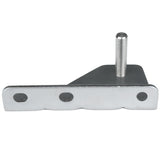 A silver metal Door Hinge Bracket with three circular holes along a flat edge and a perpendicular cylindrical peg extending upward from a thicker, angled base. Compatible with Empura Refrigeration, this smooth, reflective bracket is ideal for mounting or joining.