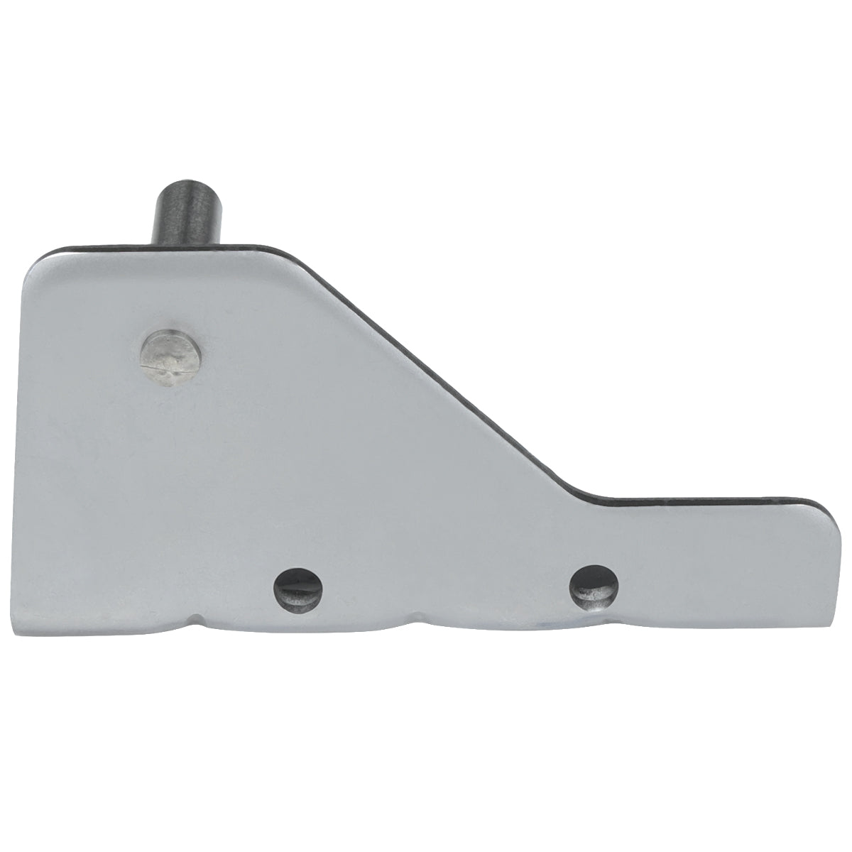 A silver metal door hinge bracket with a smooth, angular shape and matte finish, featuring two round holes at the bottom, one at the upper left, and a short cylindrical peg protruding from the top left corner. The background is plain white.