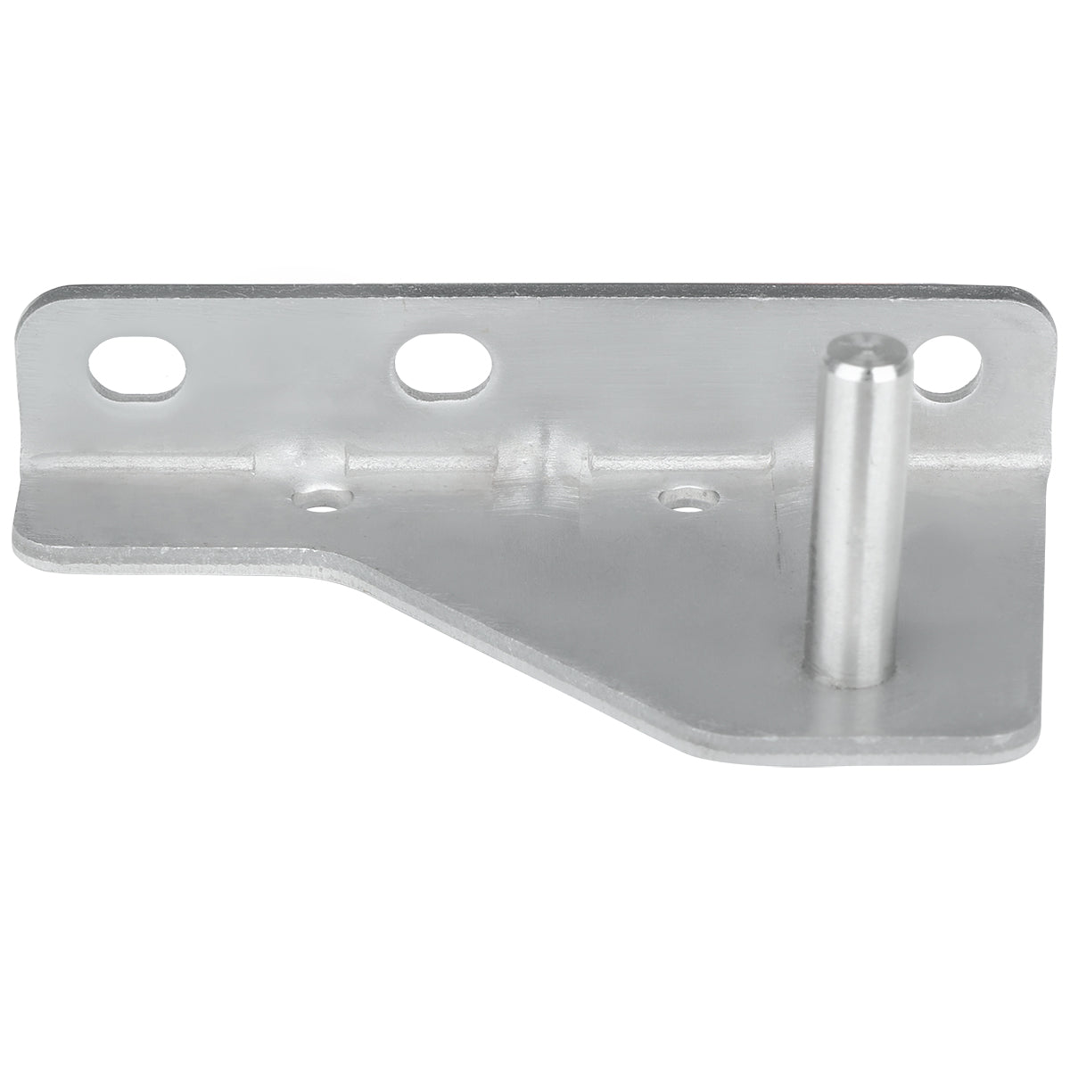 A silver metal door hinge bracket with three circular mounting holes along one flat edge and a cylindrical peg protruding vertically from the right side of the base. The bracket features an angled cut on one side and visible weld marks near the peg.