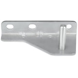 A silver metal door hinge bracket with three circular mounting holes along one flat edge and a cylindrical peg protruding vertically from the right side of the base. The bracket features an angled cut on one side and visible weld marks near the peg.