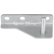 A silver metal door hinge bracket with three circular mounting holes along one flat edge and a cylindrical peg protruding vertically from the right side of the base. The bracket features an angled cut on one side and visible weld marks near the peg.