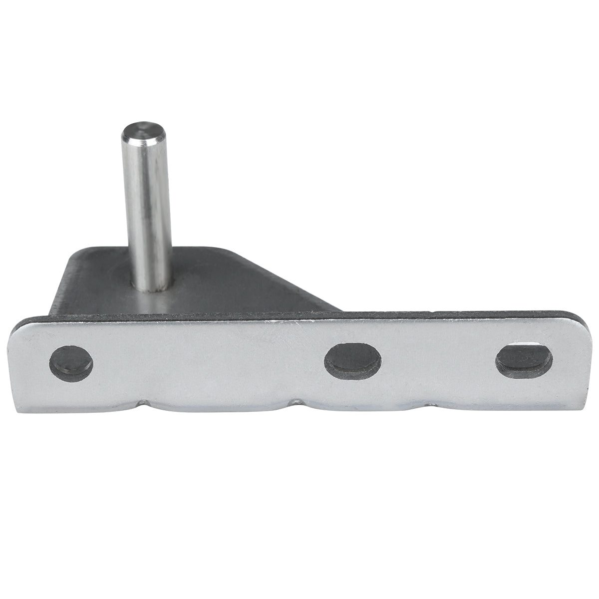 A silver metal door hinge bracket with a flat rectangular base featuring three holes for mounting. Attached perpendicularly to the base is a short, cylindrical metal pin, reflecting Empura Parts’ industrial and utilitarian design.